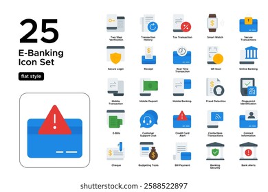 Secure Banking and Money Transfers. Online Payments, Loans, and Financial Management. Vector Illustration. Flat icon set