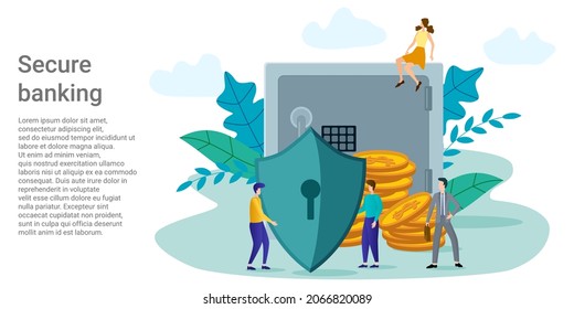 Secure banking.People hold a shield in front of a bank safe.A symbol of safety and reliability.Poster in business style.Vector illustration.