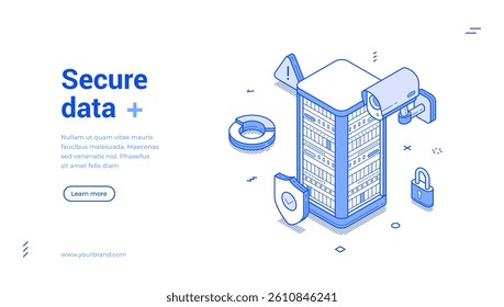 Secure big data cyberspace cloud computing encryption isometric web banner monochrome vector illustration. Digital information monitoring analyzing searching network privacy protection technology