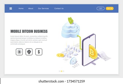 secure bitcoin transfers through mobile application, isometric vector illustration.