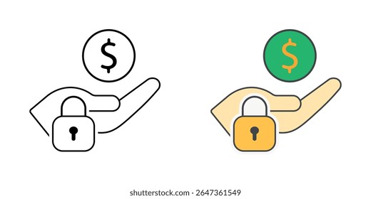Ícone de pagamento seguro BNPL com bloqueio e símbolo de pagamento, em estilos de contorno e cor, ideal para ilustrar transações protegidas comprar agora pagar mais tarde, pagamentos seguros de prestações.