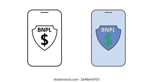 Pagamento BNPL seguro em ícone móvel com tela de smartphone, sinal de dólar e símbolo de escudo, ideal para aplicativos financeiros, segurança digital e comprar agora pagar plataformas posteriores.