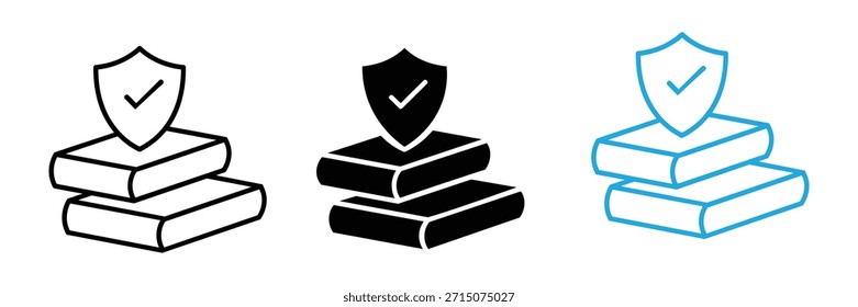 Asegure las pilas de libros con iconos de escudo en contornos negros y azules. Libro con Vector de línea de icono de escudo. icono de libro con Vector aislado y fondo transparente.