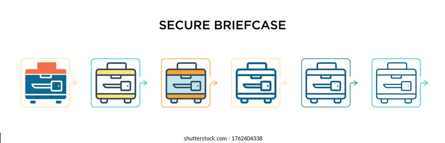 Secure briefcase vector icon in 6 different modern styles. Black, two colored secure briefcase icons designed in filled, outline, line and stroke style. Vector illustration can be used for web, 