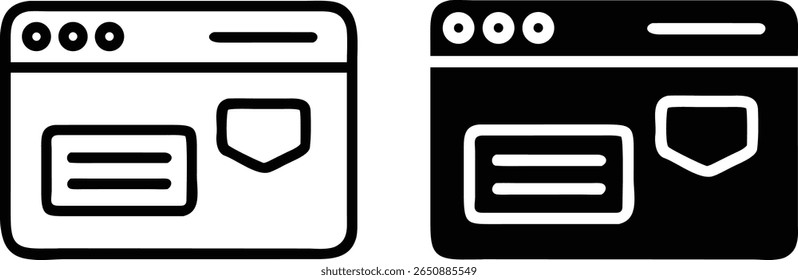 Secure Browser Icon Set – Black and White Vector Web Window with Shield and Message Symbol