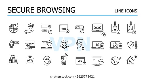 Secure browsings, VPN services. Vector icons set