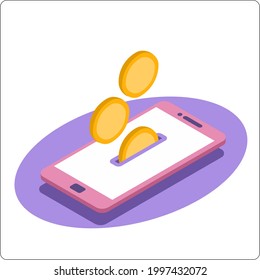 Pago seguro sin efectivo. Pago por compra a través de un teléfono móvil. Colores planos populares. Ilustración vectorial isométrica 3d.