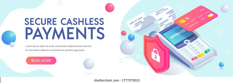 Secure cashless payment via credit card isometric abstract banner concept. 3d payment machine, plastic card behind shield. Contactless transaction protection, NFC payment safety. Vector illustration.