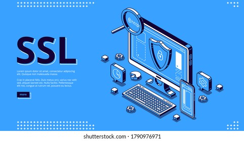 Secure certificate of website banner. Concept of SSL, safety internet technology, data encryption protocol. Vector landing page with isometric illustration of browser with shield on computer screen