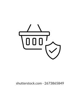 Secure checkout, approved transaction, protected payment. Shopping basket, shield and checkmark. Pixel perfect, editable stroke vector icon