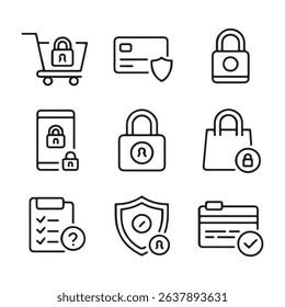 Secure Checkout and Payment Protection Icons. Secure Online Transactions: Line Icons for Payment and Data Protection
