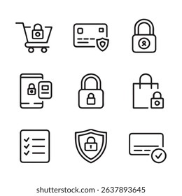 Secure Checkout and Payment Protection Icons. Secure Online Transactions: Line Icons for Payment and Data Protection
