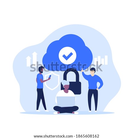 Secure cloud access, hosting or saas vector illustration with people