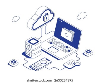 Sistema seguro de autenticação em nuvem com login no laptop, verificação móvel e serviço de nuvem bloqueada conectado por fluxos de dados em linha isométrica de ilustração de vetor de contorno.
