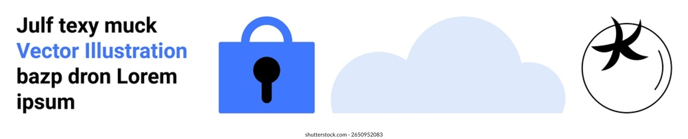 Secure cloud computing visual with blue lock icon, light blue cloud, abstract black checkmark. Ideal for technology, cybersecurity, cloud services, data protection, software applications, online