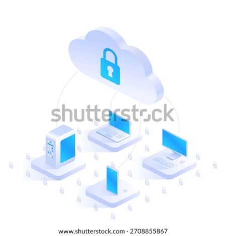 Secure cloud data center connecting servers, desktops, laptops, and mobile devices. Essential for secure remote work, data protection, and modern network infrastructure