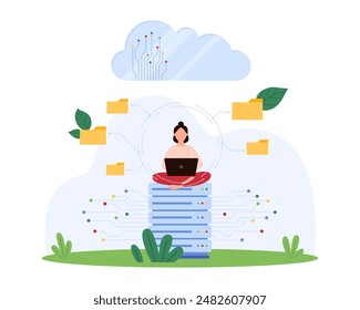 Secure cloud data platform, system infrastructure with firewall to access and store folders of information. Tiny woman sharing files over network, work with database cartoon vector illustration