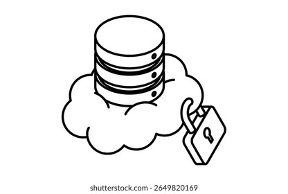 Secure cloud data server isometric line icon with database stack and security padlock symbol, black and white, Vector Illustration