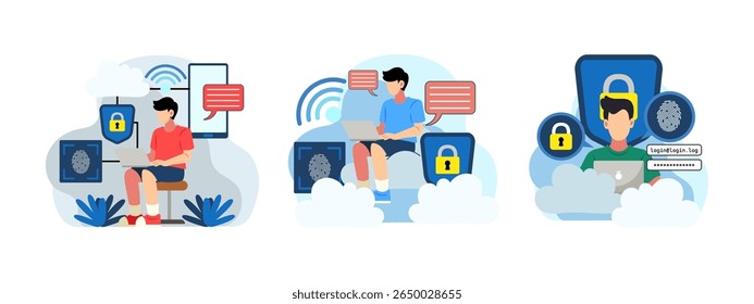 Secure cloud login with fingerprint and password flat vector illustration. Concept of cybersecurity, encryption, and digital identity protection