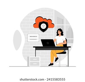 Secure cloud with password. Internet privacy data and information safety management. User data protection. Illustration with people scene in flat design for website and mobile development.