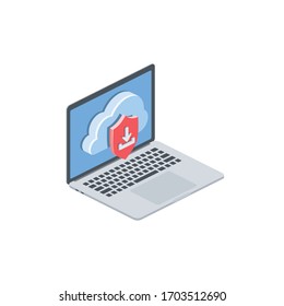 Secure cloud shield download laptop screen. Vector 3d isometric, color web icon, new flat style. Creative illustration design, isolated graphic idea for infographics.