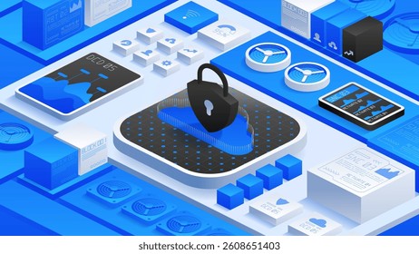 Secure cloud storage with advanced encryption and antivirus protection. Protect sensitive data, enhance privacy, and defend against cyber threats with robust cybersecurity tools. Vector illustration
