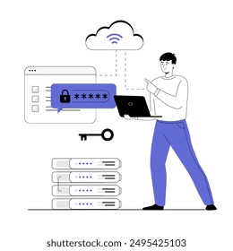 Secure cloud storage. Data backup, encrypted cloud storage, data protection in the cloud. Password access. Vector illustration with line people for web design.	
