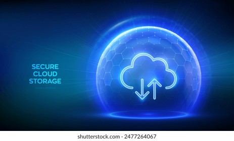 Almacenamiento seguro en la nube. Icono de la nube dentro del escudo transparente de la esfera de protección con el patrón del hexágono en el fondo azul. Cloud computing. Almacenamiento de bases de datos, protección del centro de datos. Ilustración vectorial.