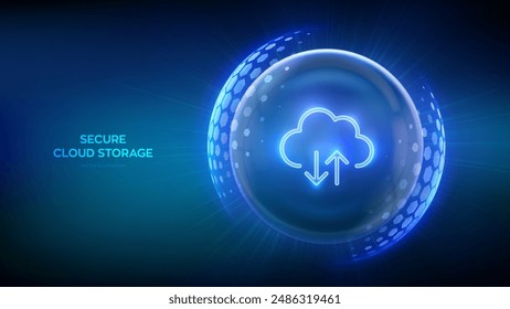 Secure Cloud Storage. Cloud icon inside transparent protection sphere shield with hexagon pattern on blue background. Cloud computing. Database storage, Data center protection. Vector illustration.