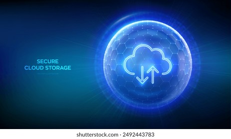 Secure Cloud Storage. Cloud icon inside transparent protection sphere shield with hexagon pattern on blue background. Cloud computing. Database storage, Data center protection. Vector illustration.