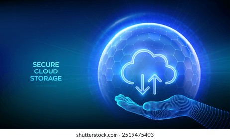 Armazenamento em nuvem seguro. Ícone de nuvem dentro de escudo de esfera de proteção transparente com padrão hexágono na mão wireframe. Computação em nuvem. Armazenamento de banco de dados, proteção de data center. Ilustração vetorial.