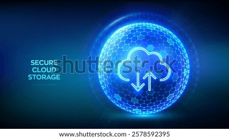 Secure Cloud Storage. Cloud icon inside transparent protection sphere shield with hexagon pattern on blue background. Cloud computing. Database storage, Data center protection. Vector illustration.
