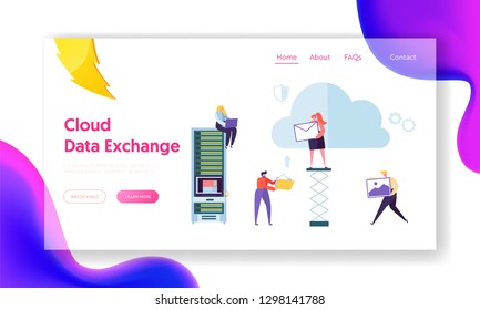 Secure Cloud Storage Info Exchange Landing Page. People Transmit Information, Image to Memory Service. Woman on Hosting Optimize Data Transfer Concept for Website Flat Cartoon Vector Illustration