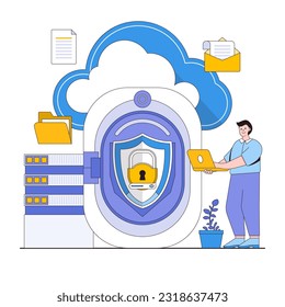 Secure cloud storage vector illustration concept with characters. Data backup, encrypted cloud storage, data protection in the cloud. Modern flat style for landing page, web banner, infographics.