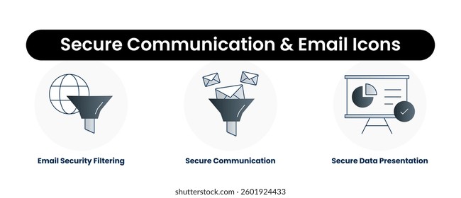 Secure Communication and Email Icons. Secure Communication, Email Security Filtering, Secure Data Presentation.