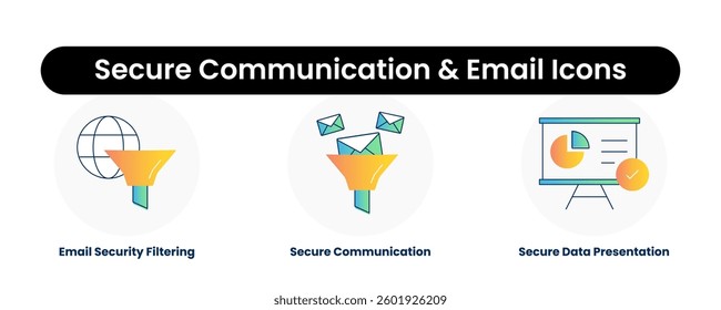 Secure Communication and Email Icons. Secure Communication, Email Security Filtering, Secure Data Presentation.