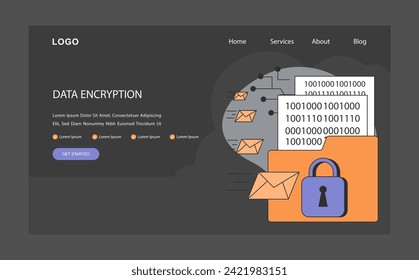 Banner web de comunicación segura o modo de inicio oscuro o nocturno. El cifrado de datos avanzado transforma los mensajes en formato codificado. Codificación, protección, mensajes seguros. Ilustración vectorial plana.