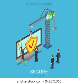 Secure computing technology flat 3d isometry isometric concept web infographics vector illustration. Micro people assembling shield to PC. Anti virus internet access security technology.