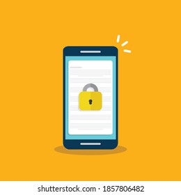 Secure confidential document on a smartphone, padlock on phone, online access with private lock, vector illustration. 