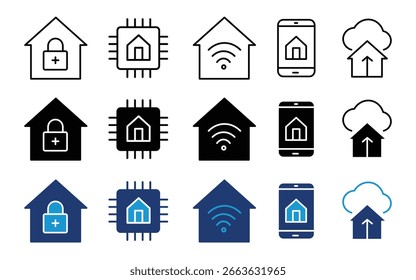 Conjunto de iconos de tecnología de hogar inteligente conectado seguro Ilustración vectorial