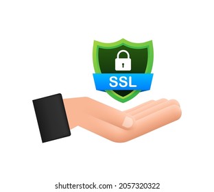 Secure connection icon vector illustration isolated on white background, flat style secured ssl shield symbols on hand.