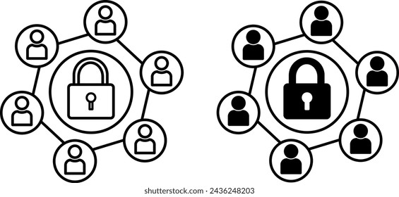 Secure Connection Icons. Black and White Vector Icons of Castle and Internet Users. Concept of Global Network and Data Analytics