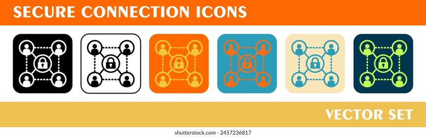 Secure connection icons set. 6 style icons with various colors. For sign, symbol, web design or web graphics. 
