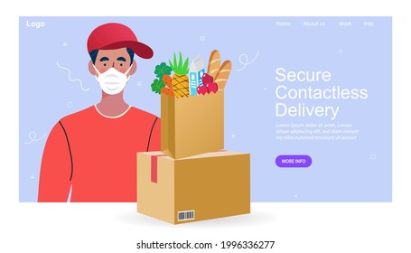 Secure contactless delivery. Courier man in protective masks  with box, safe distance, ordering online, covid-19, coronavirus. Grocery food home delivery. Flat vector illustration.