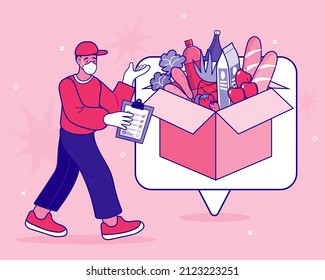 Secure contactless delivery. Courier man in protective masks with box, safe distance, ordering online, covid-19, coronavirus. Grocery food home delivery. Flat vector outline illustration.