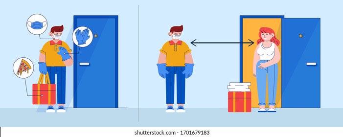 Secure contactless online food delivery - flat vector illustration. Wearing protective mask and gloves courier delivers pizza at home during quarantine. Keep social distance. Safe online shipping