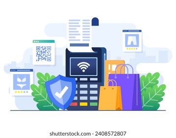 Secure contactless payment flat illustration vector template, Wireless mobile payment by credit card, Invoice, Shopping concept, Payment machine, Debit card