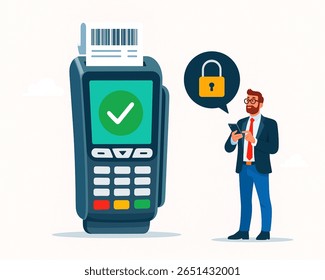 Secure contactless payment with POS terminal and mobile phone shows financial technology protecting credit card transactions and retail purchasing.