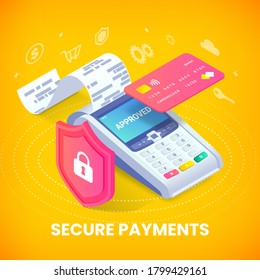 Secure contactless payments via credit card isometric vector banner concept. 3d payment machine printing check, plastic debit card behind shield. Cashless transaction protection, safe NFC payment.