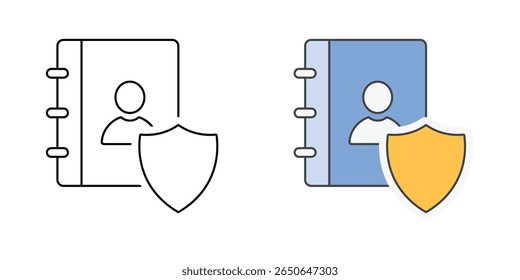 Secure contacts icon with contact book and shield symbol, ideal for address book privacy, contact protection, and digital security illustrations.